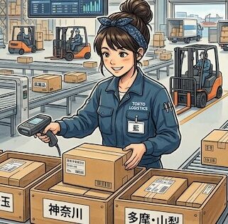 ハンディ端末で荷物を仕分ける女性のイラスト