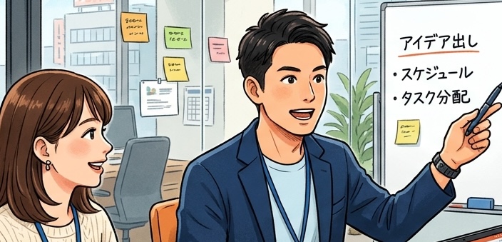 ホワイトボードの前で説明する男性と聞き手の女性のイラスト