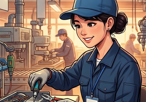 作業服姿で笑顔の女性